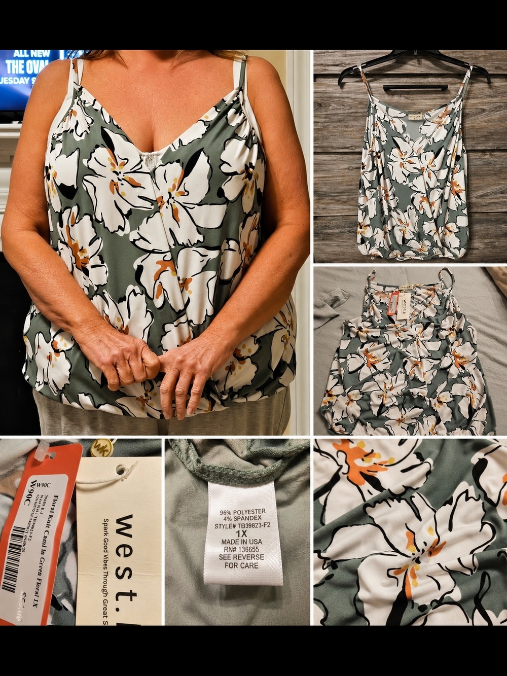 West. K Floral V-Neck Spaghetti Strap Tank Top - Olive/White Floral